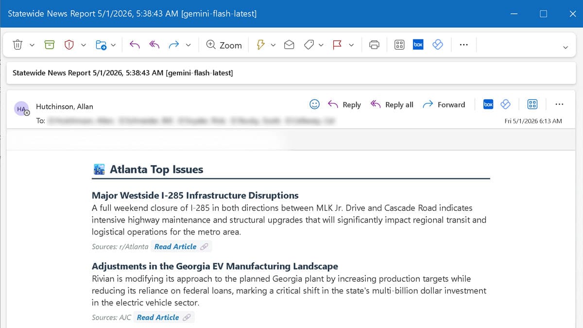 Automated statewide intelligence briefing workflow with media signals and executive summary