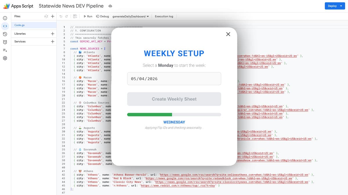 Custom Apps Script interface for guided creative workflow actions
